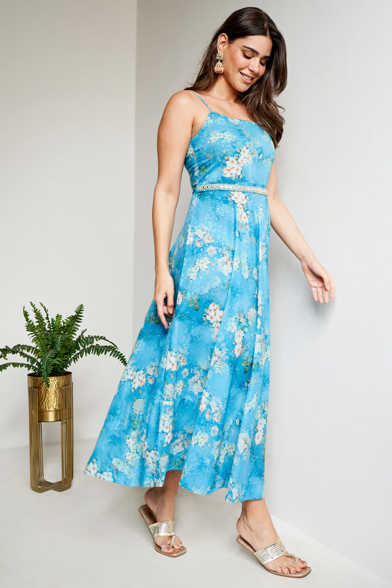 Blue Floral Flared Dress, Blue, image 4